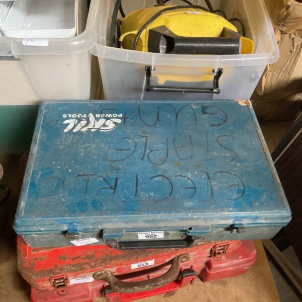 Vintage blue Skil power tool case with embossed branding.