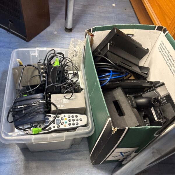 Sky box and electrical components in a storage box.