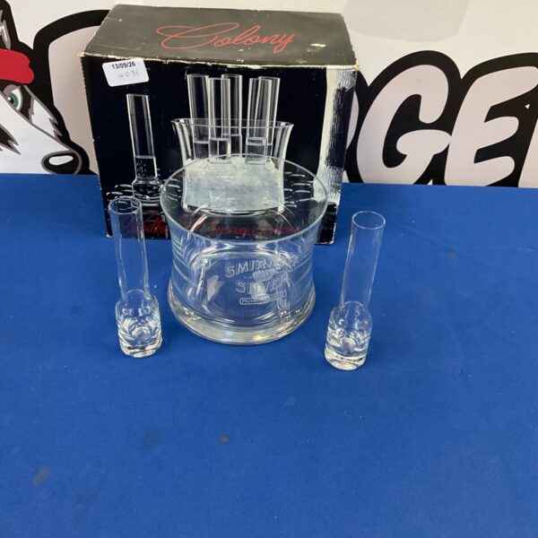 Smirnoff silver ice bucket set with shot glasses, model 130926.