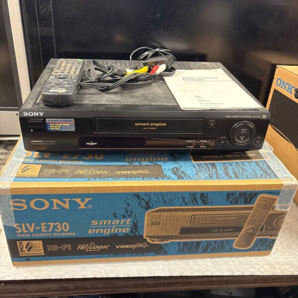 Boxed Sony SLV-E730 VCR player, vintage video cassette recorder.