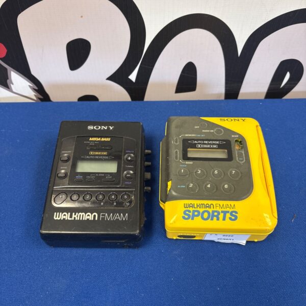 Vintage Sony Walkman WM-F2085 and WM-F2078 portable cassette players.