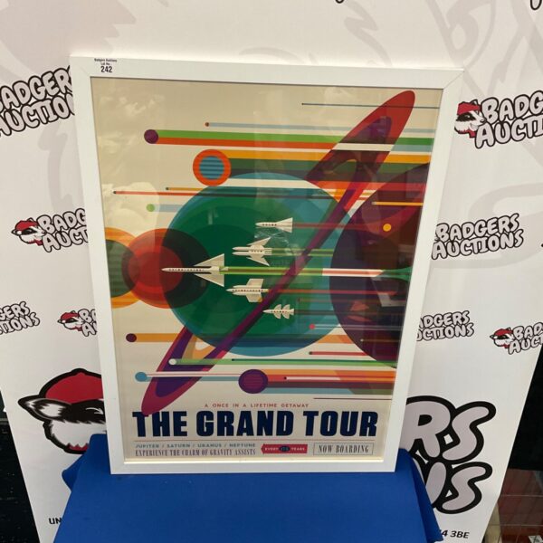 Framed space grand tour print with colourful planets.