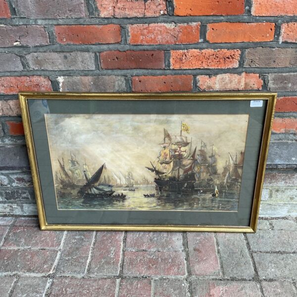 Hand-coloured etching of the Spanish Armada sailing from Ferrol.