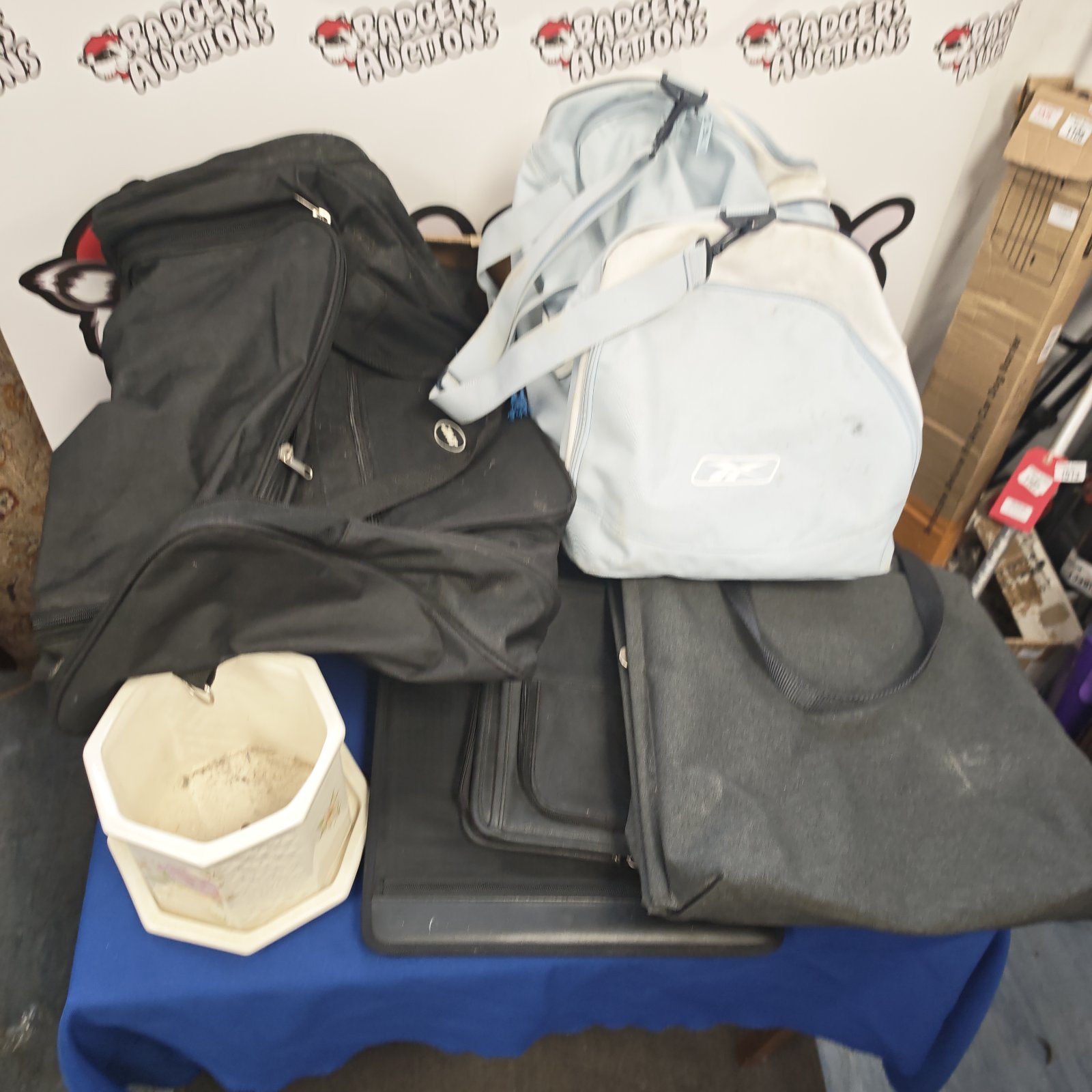 Mixed lot of sports holdalls and laptop bags including Reebok and Samsonite.