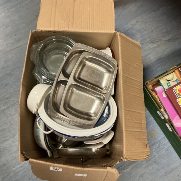Box of stainless steel serving dishes and white ceramic bowls.