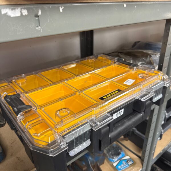 Yellow Stanley Fatmax organiser with adjustable dividers.