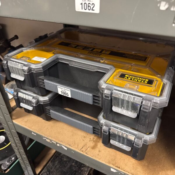 Two Stanley Fatmax organisers for tool storage in a workshop setting.