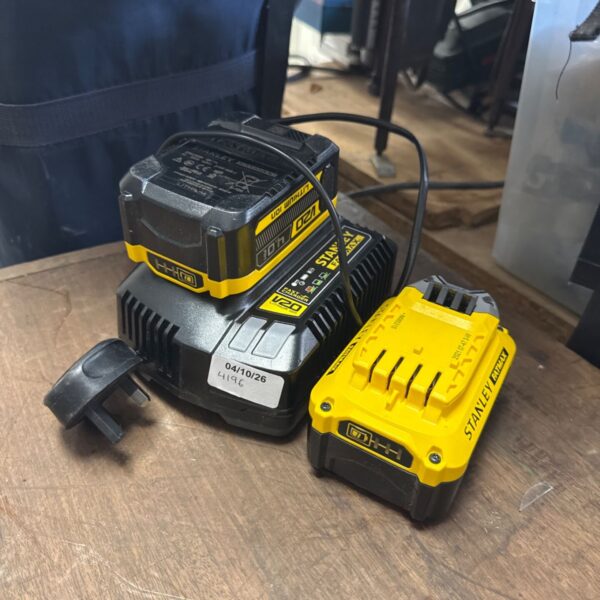 Stanley Fatmax V20 batteries and charger set for cordless power tools.