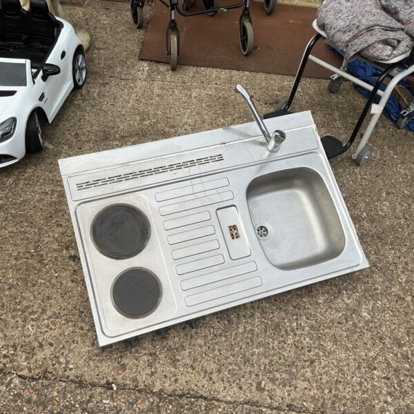 Stengel metal sink basin with hotplate cutouts for caravan or boat.