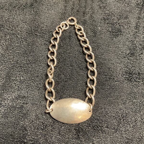 Sterling silver ID bracelet with oval plaque, vintage style.