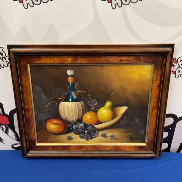 Vintage still life oil painting of fruit and wine signed Alfred.