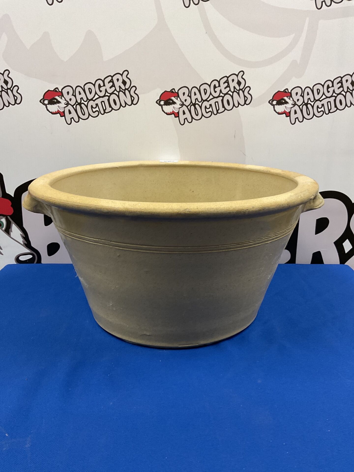 022 Large early 20th century glazed stoneware dairy bowl, 17” diameter