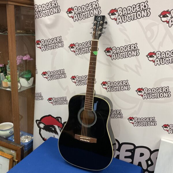 Black Stretton Payne acoustic guitar, front view.