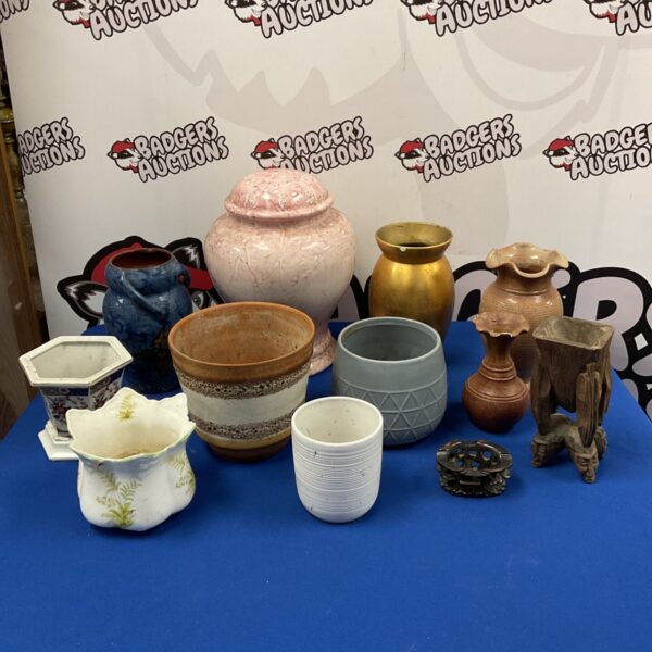 Assorted studio pottery and wooden vases in a mixed lot.