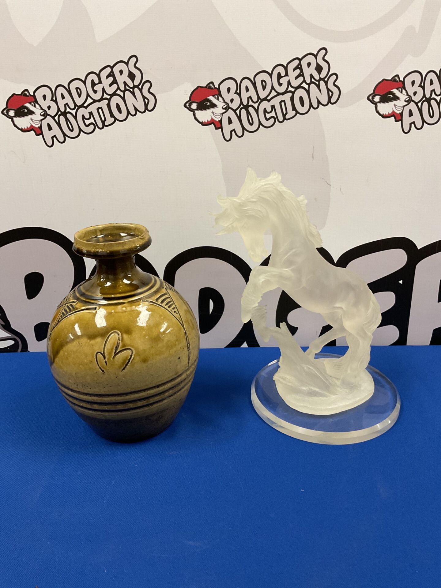 017 Salt glazed studio pottery 9” vase & frosted lucite unicorn sculpture
