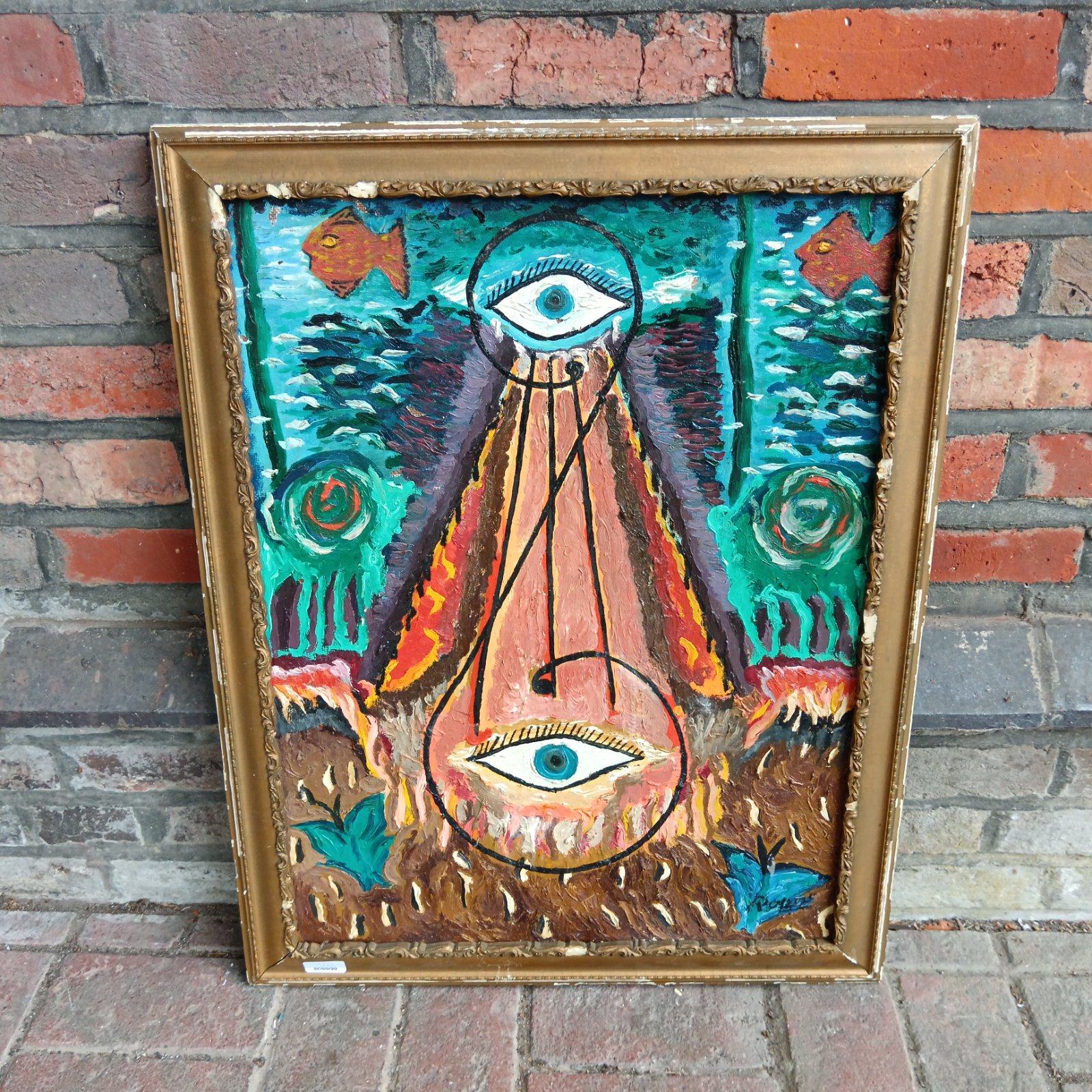 Framed surrealist oil painting with an all-seeing eye motif.