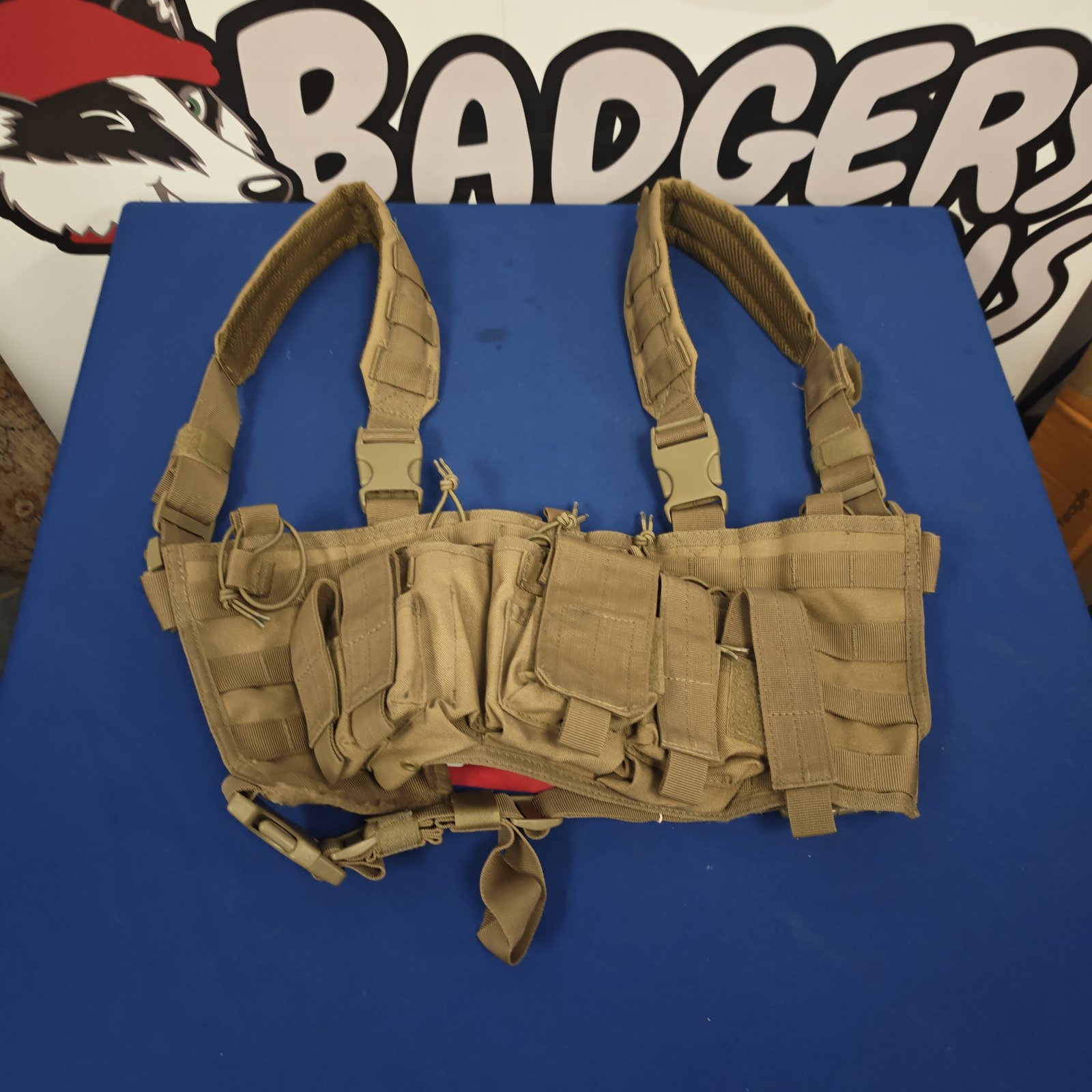 Olive drab tactical vest with MOLLE webbing and adjustable straps.