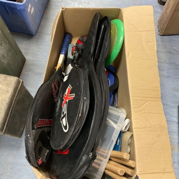 Mixed lot of tennis rackets and sports equipment including a Dunlop racket.