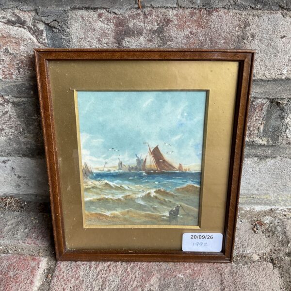 Signed Thomas Bush Hardy watercolour of a sailboat in rough seas.