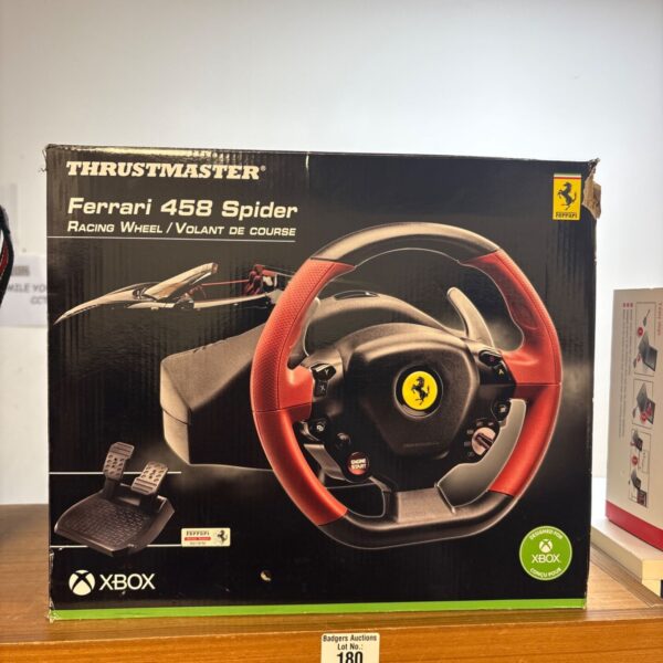 Thrustmaster Ferrari 458 Spider racing wheel for gaming simulations.