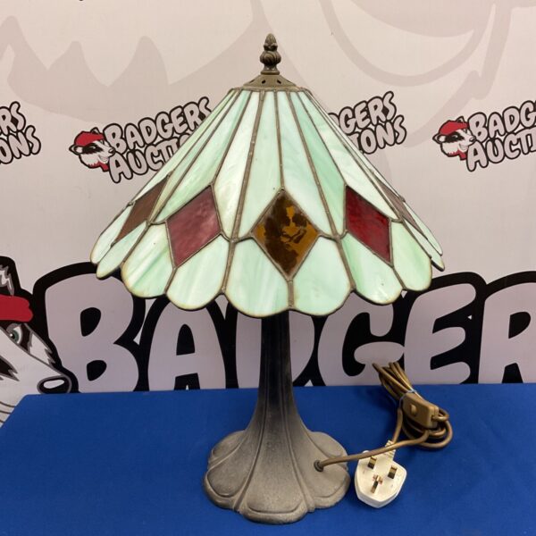 Vintage Tiffany style table lamp with turquoise slag glass shade.