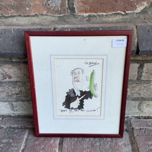 Original Tim Bulmer watercolour painting of a barrister with a cucumber.