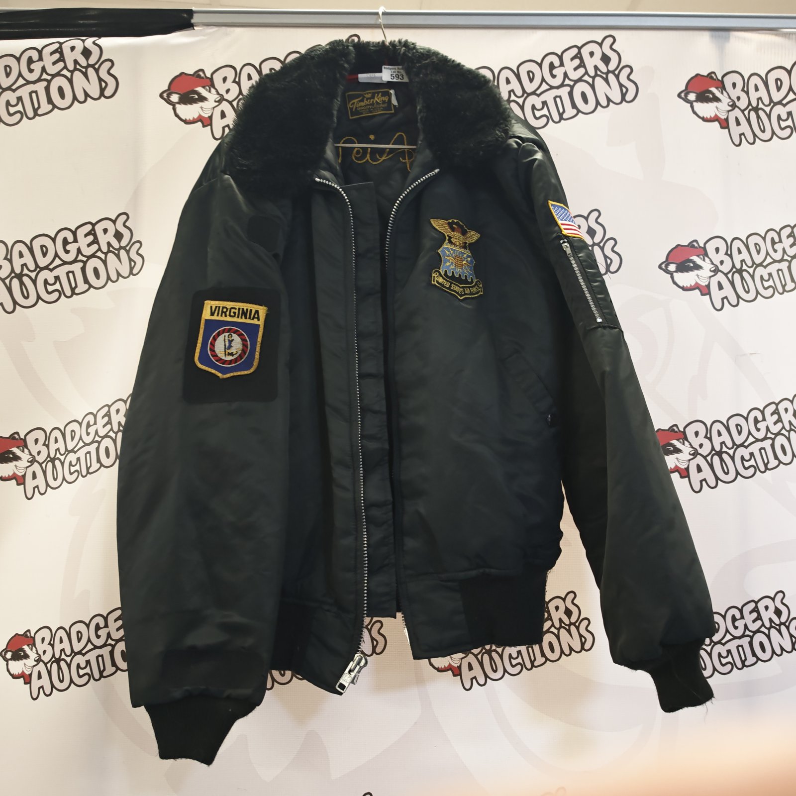 Navy blue Timber King MA1 pilot jacket with fur collar.