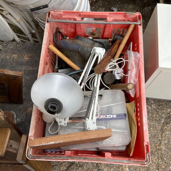 Tool lot with vintage anglepoise lamp and assorted hand tools.