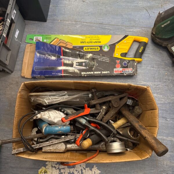 Tool lot with Sealey riveter and Stanley saw for DIY projects.