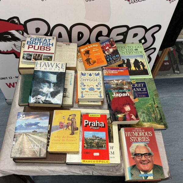 Vintage travel book collection with colourful covers and spines.