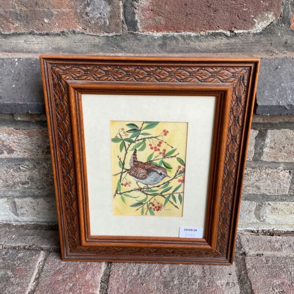 Signed Trixie Ayres watercolour painting of a wren on a branch.