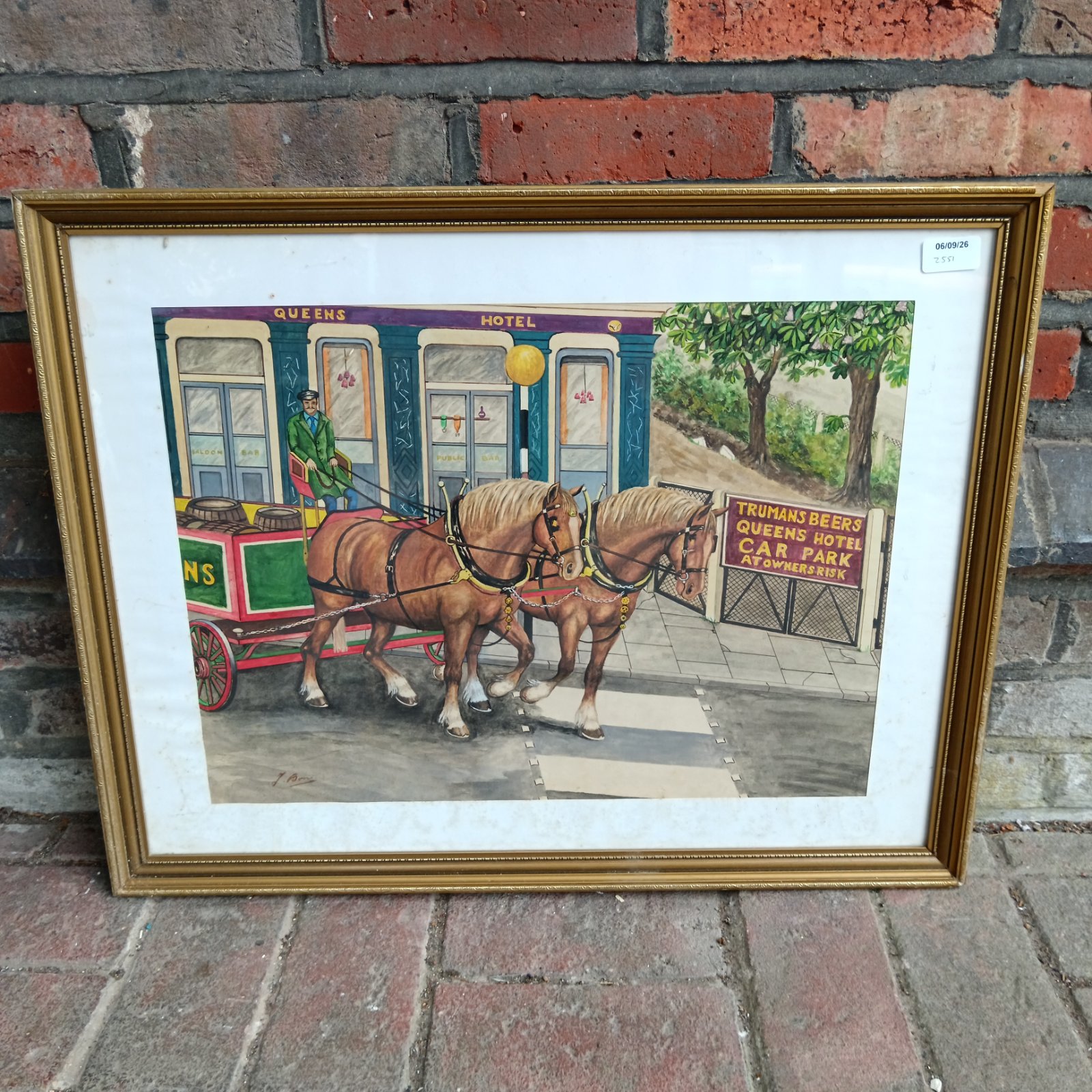 J Boni watercolour painting of a Truman's beer carriage and horses.