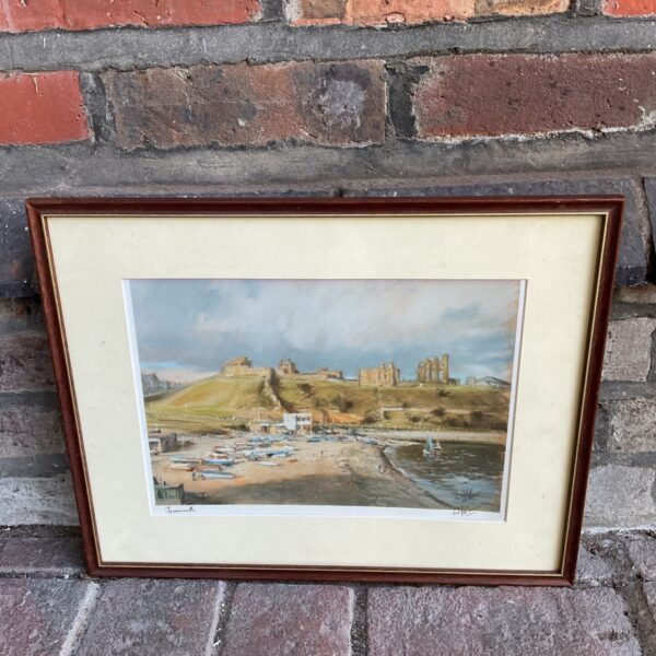 Signed W Holmes print of Tynemouth Bay coastal scene.