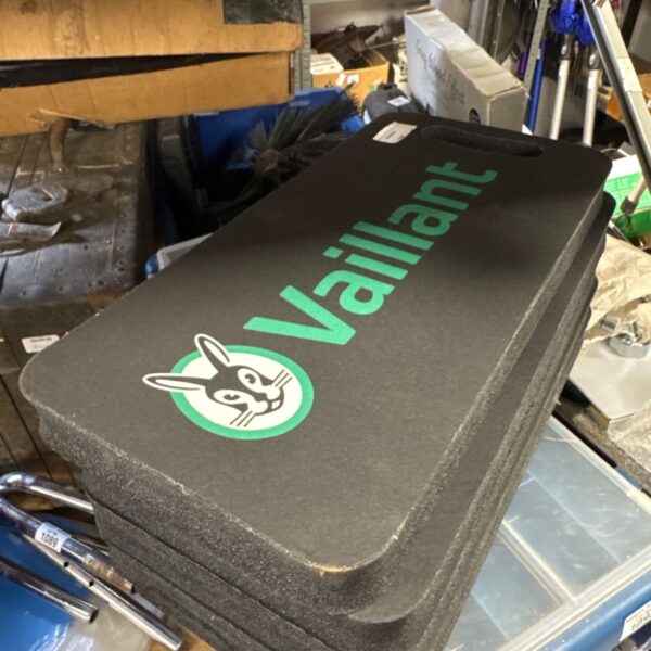Black Vaillant kneeling pad with logo, providing comfortable work support.
