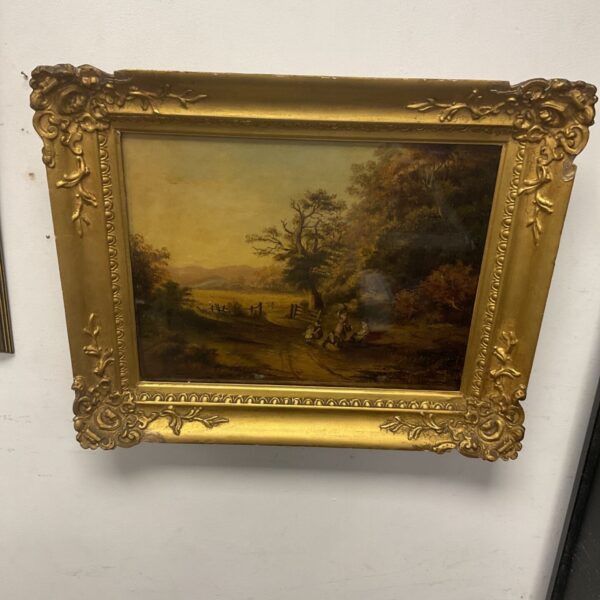 Antique Victorian oil painting of a harvest scene in a gilt frame.