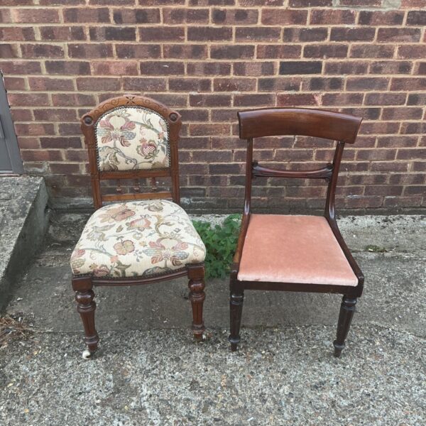 Pair of antique Victorian mahogany parlour chairs with patterned seats.