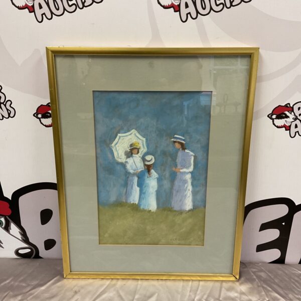 Victorian pastel painting by C Crocker featuring three women in sun hats.