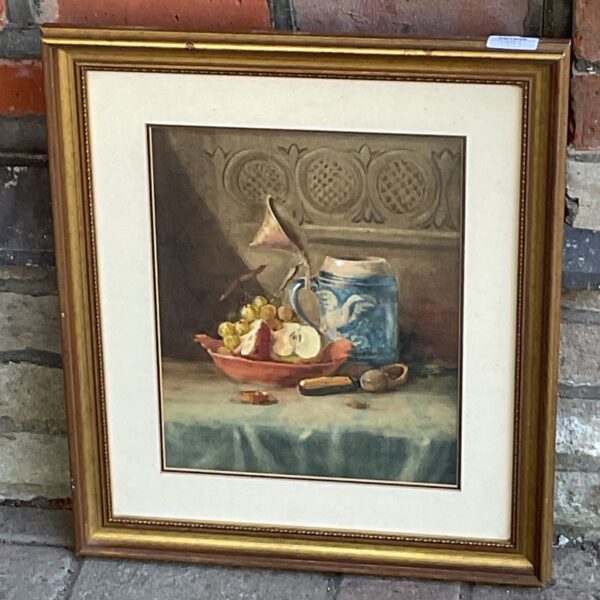 Victorian still life watercolour painting of fruit and a tankard.