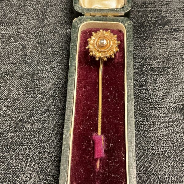 Antique Victorian sunburst stick pin by Arthur Kay in original box.