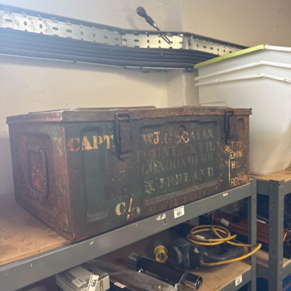 Vintage metal ammo box with inscription, dated 1915.