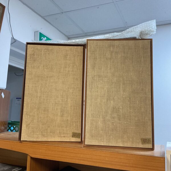 Vintage Acoustic Research AR-6 bookshelf speakers in a room setting.