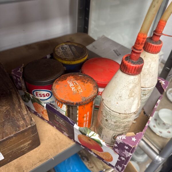 Tray of vintage auto grease pots including Castrol and Esso brands.