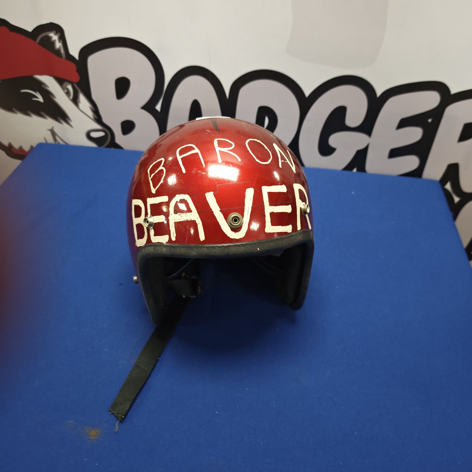 Red vintage Baron Beaver crash helmet with "Just Married" inscription.
