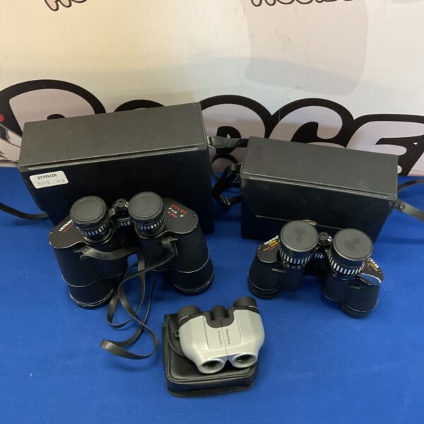 Vintage binoculars lot including Ultraview, Tasco, and Practica models.