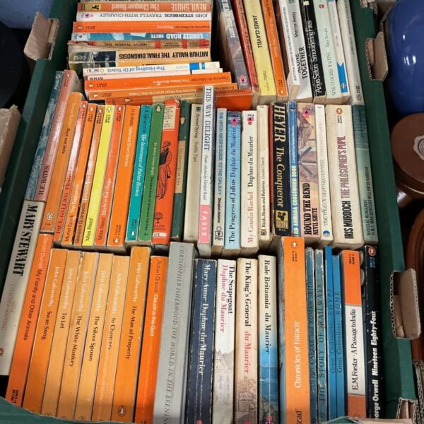 Vintage book collection featuring Penguin editions and classic novels.