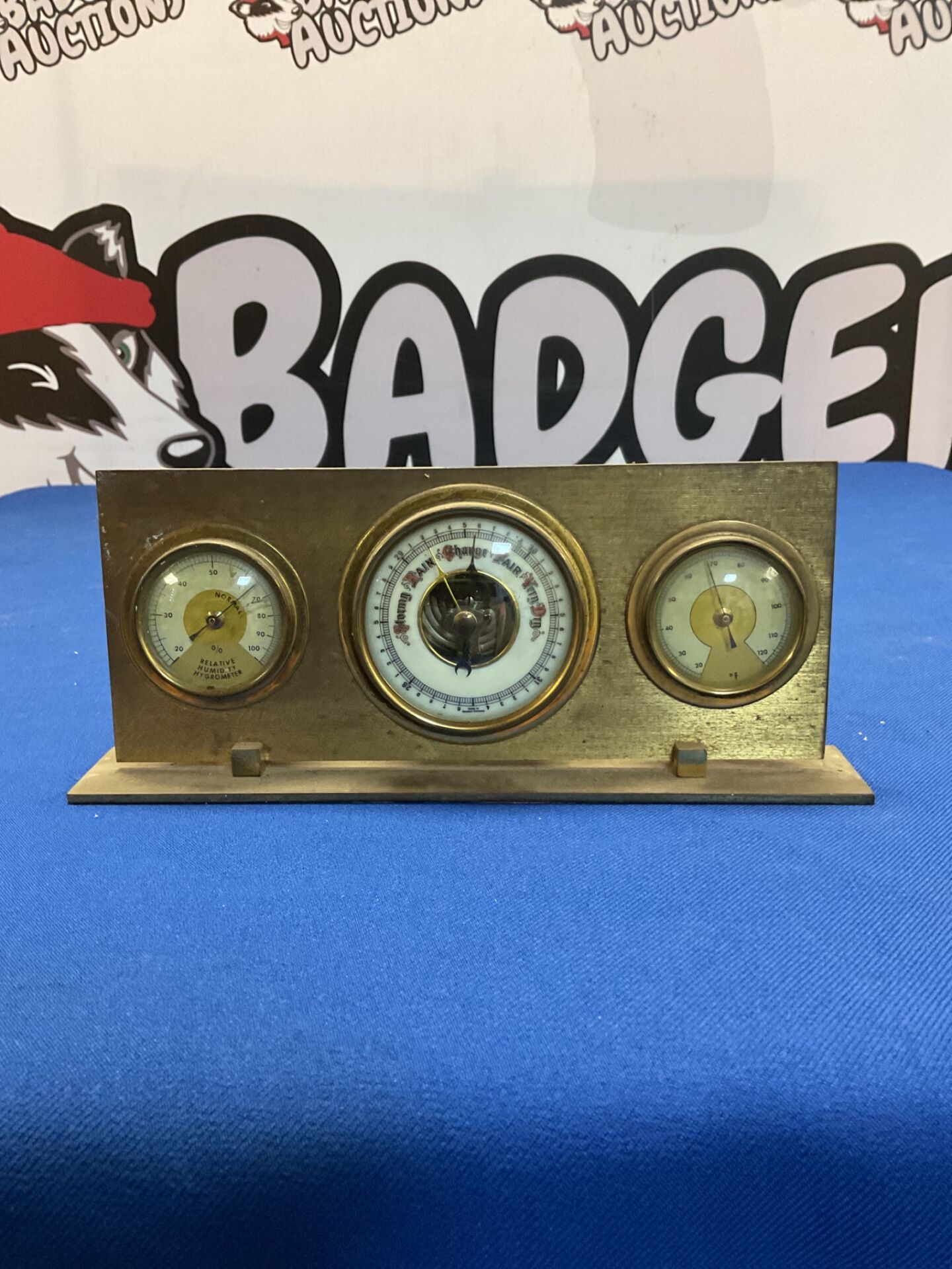 094 Vintage brass desktop weather station barometer