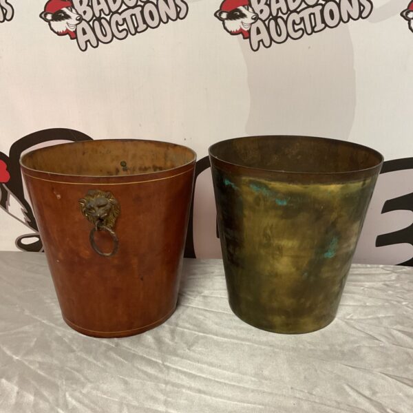 Vintage brass bucket with ornate lion head handles, antique home decor.