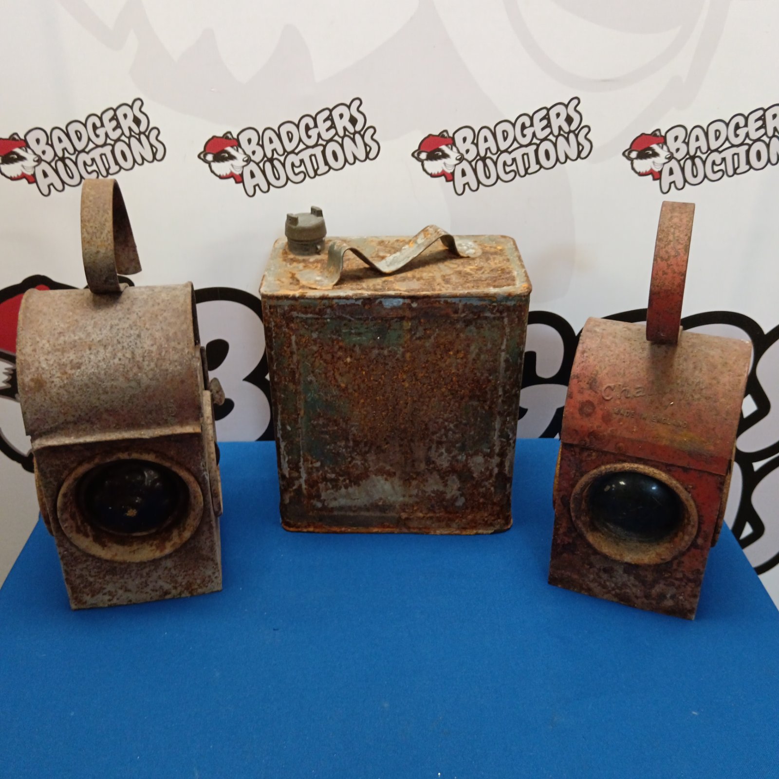 Vintage Chalwyn lanterns and fuel can, workshop lighting collectible.
