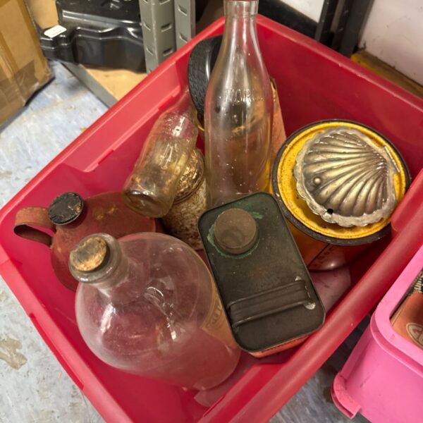 Vintage collectible lot with glass bottles and silver oyster pot.