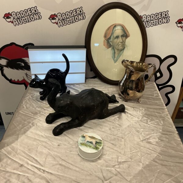 Vintage collectible lot with elephant, print, and brass pot.